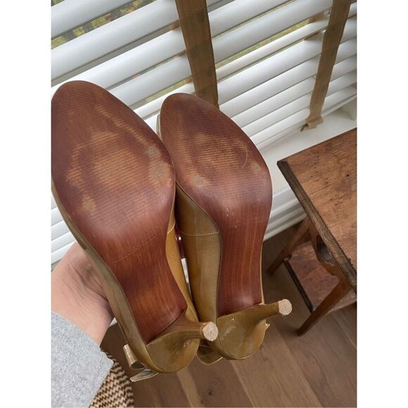 Enzo Angiolini Eamistle Natural Nude Champagne Patent Leather Peep Toe Heels Bow - Picture 10 of 11